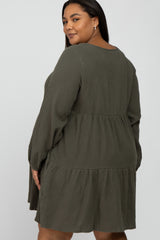 Olive Gauze Button Front Tiered Maternity Plus Dress