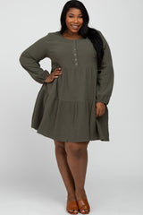 Olive Gauze Button Front Tiered Plus Dress