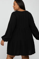 Black Gauze Button Front Tiered Maternity Plus Dress