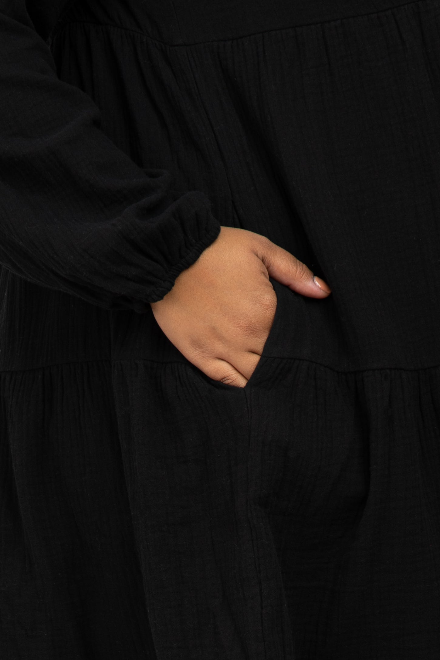 Black Gauze Button Front Tiered Maternity Plus Dress