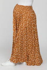 Rust Floral Smocked Drawstring Waist Slit Maternity Maxi Skirt