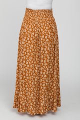 Rust Floral Smocked Drawstring Waist Slit Maternity Maxi Skirt