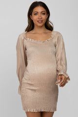 Beige Metallic Smocked Ruffle Accent Maternity Fitted Dress