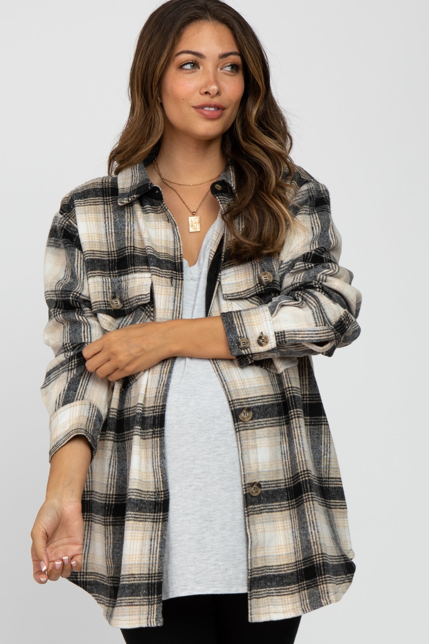 Black Soft Plaid Flannel Maternity Shacket