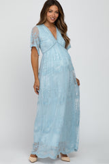 Light Blue Lace Mesh Overlay Maternity Maxi Dress