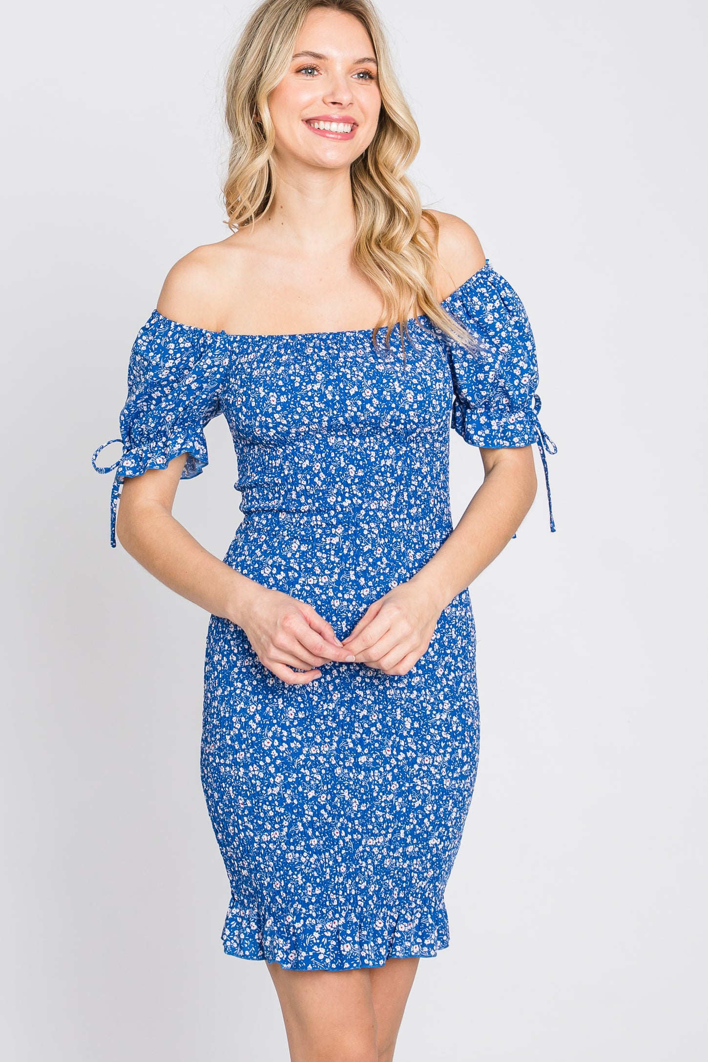 Royal Blue Floral Smocked Fitted Maternity Mini Dress– PinkBlush