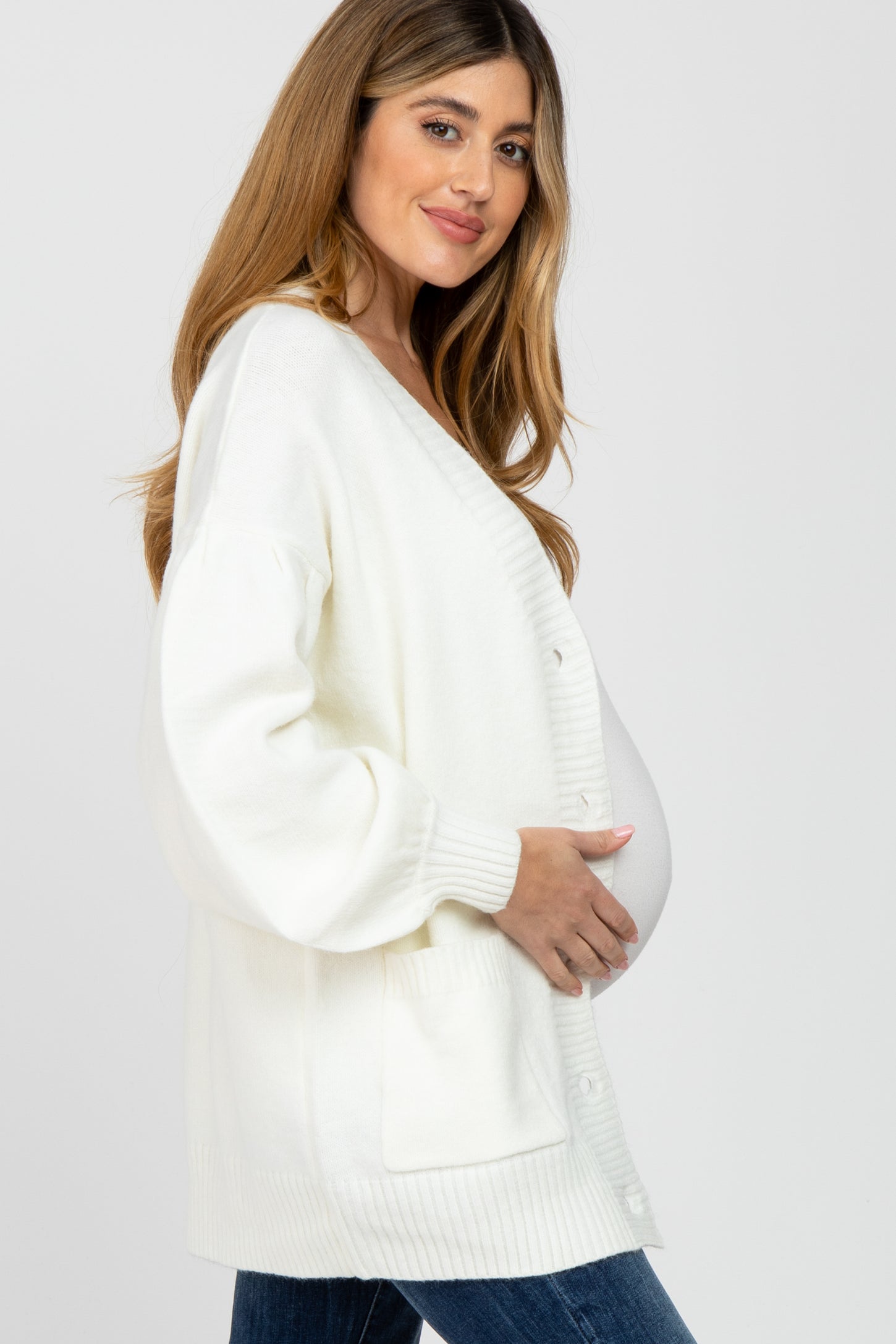Ivory Puff Sleeve Front Pocket Maternity Cardigan