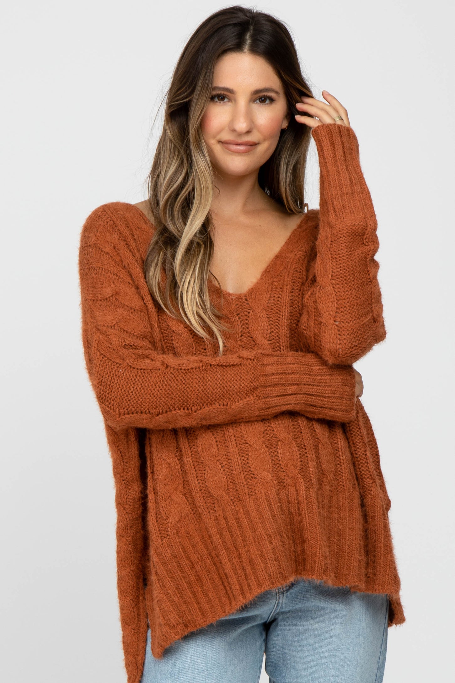 Camel V-Neck Side Slit Cable Knit Maternity Sweater– PinkBlush