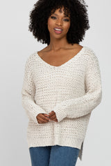 Ivory V-Neck Side Slit Thick Knit Maternity Sweater