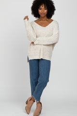 Ivory V-Neck Side Slit Thick Knit Sweater