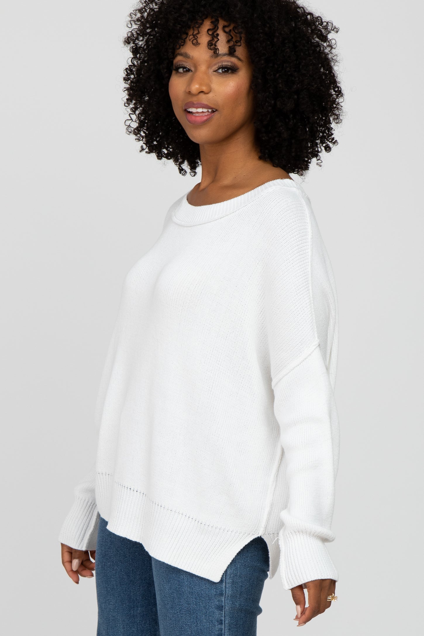White Exposed Seam Side Slit Sweater