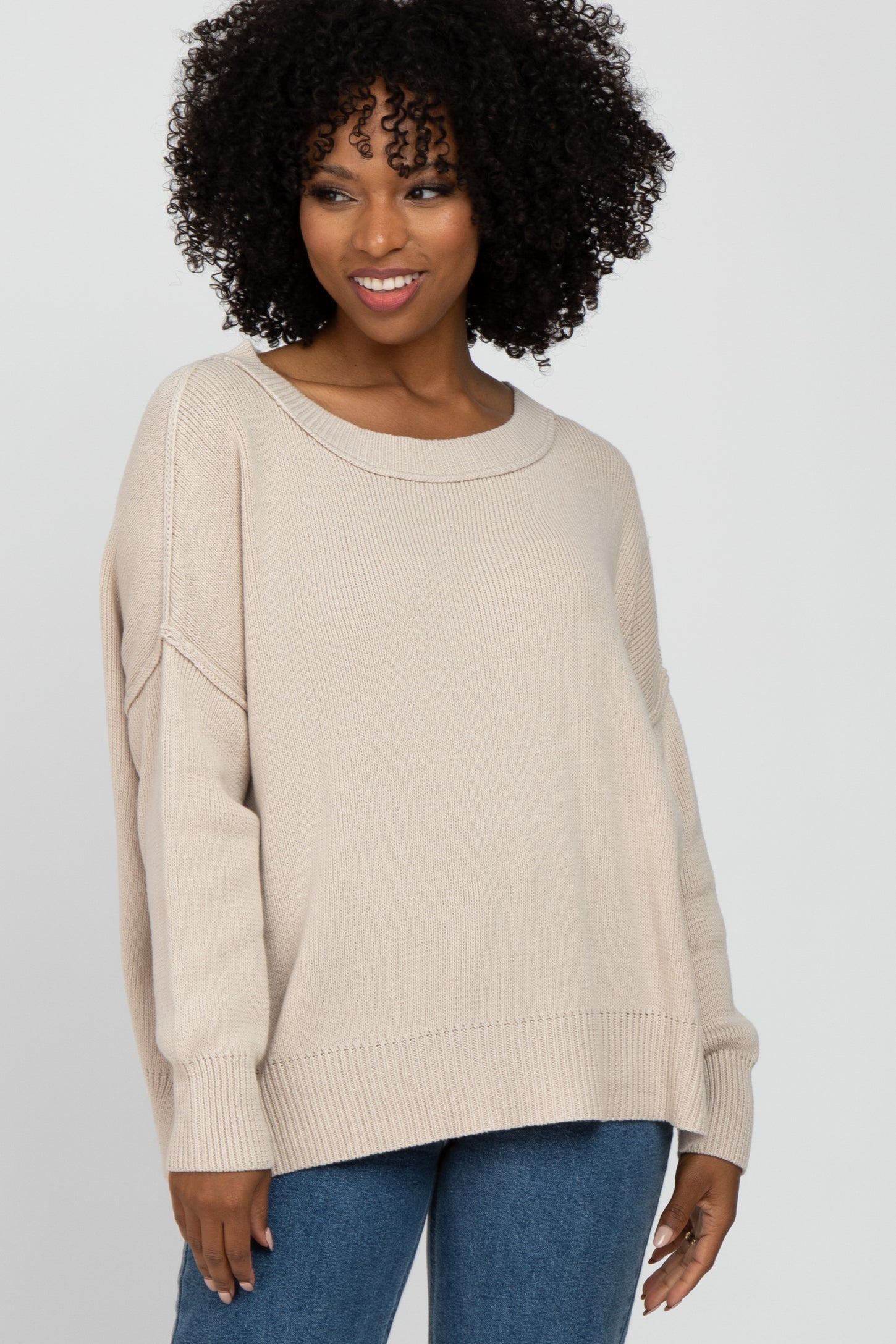 Beige Exposed Seam Side Slit Sweater