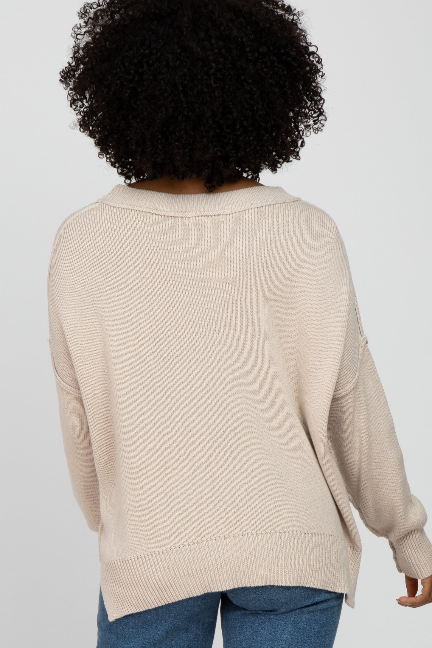 Beige Exposed Seam Side Slit Sweater