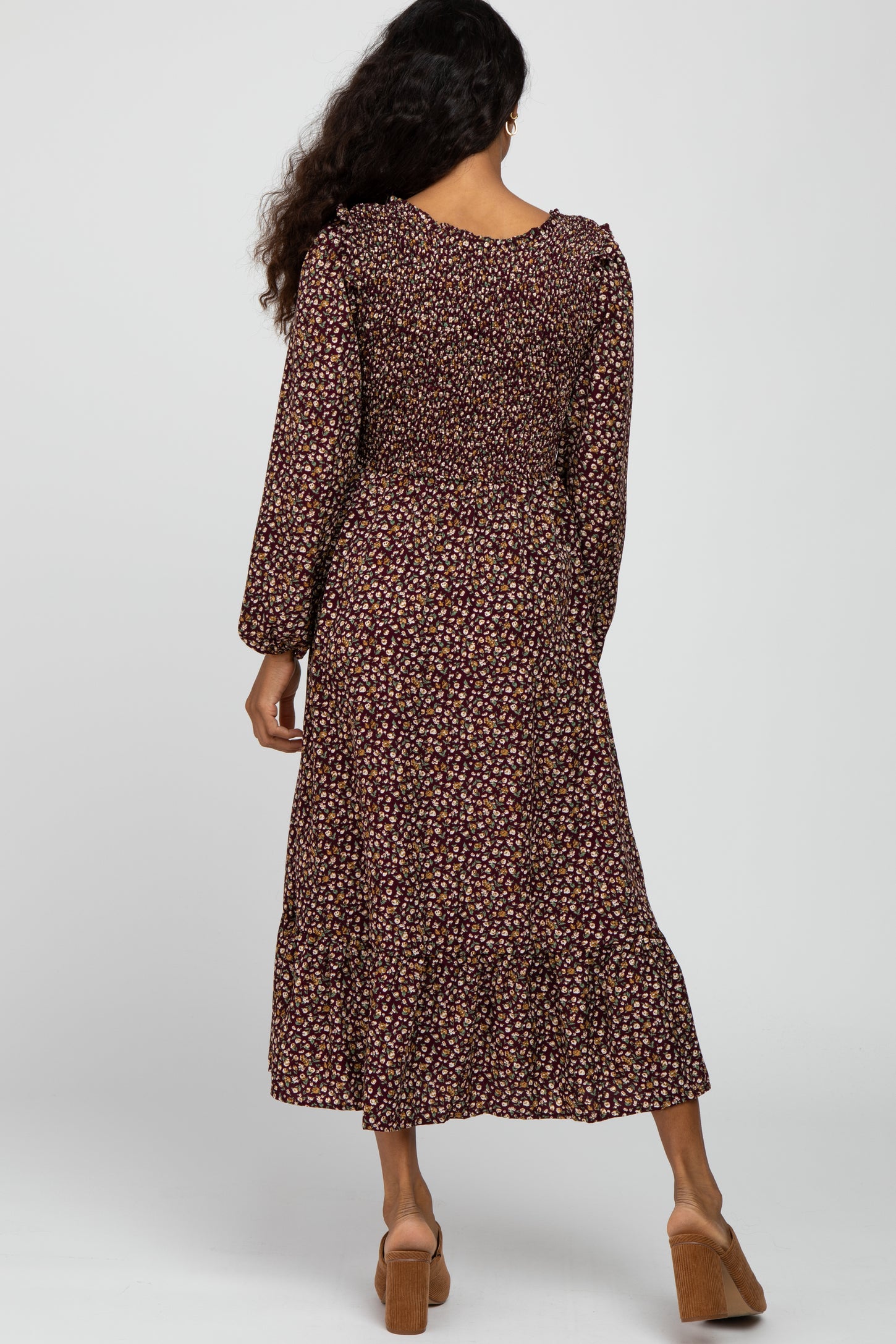 Burgundy Floral Long Sleeve Smocked Maternity Midi Dress Large Burgundy Floral Long Sleeve Smocked Maternity Midi Dress Large
