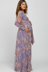 Purple Floral Chiffon Maternity Maxi Dress