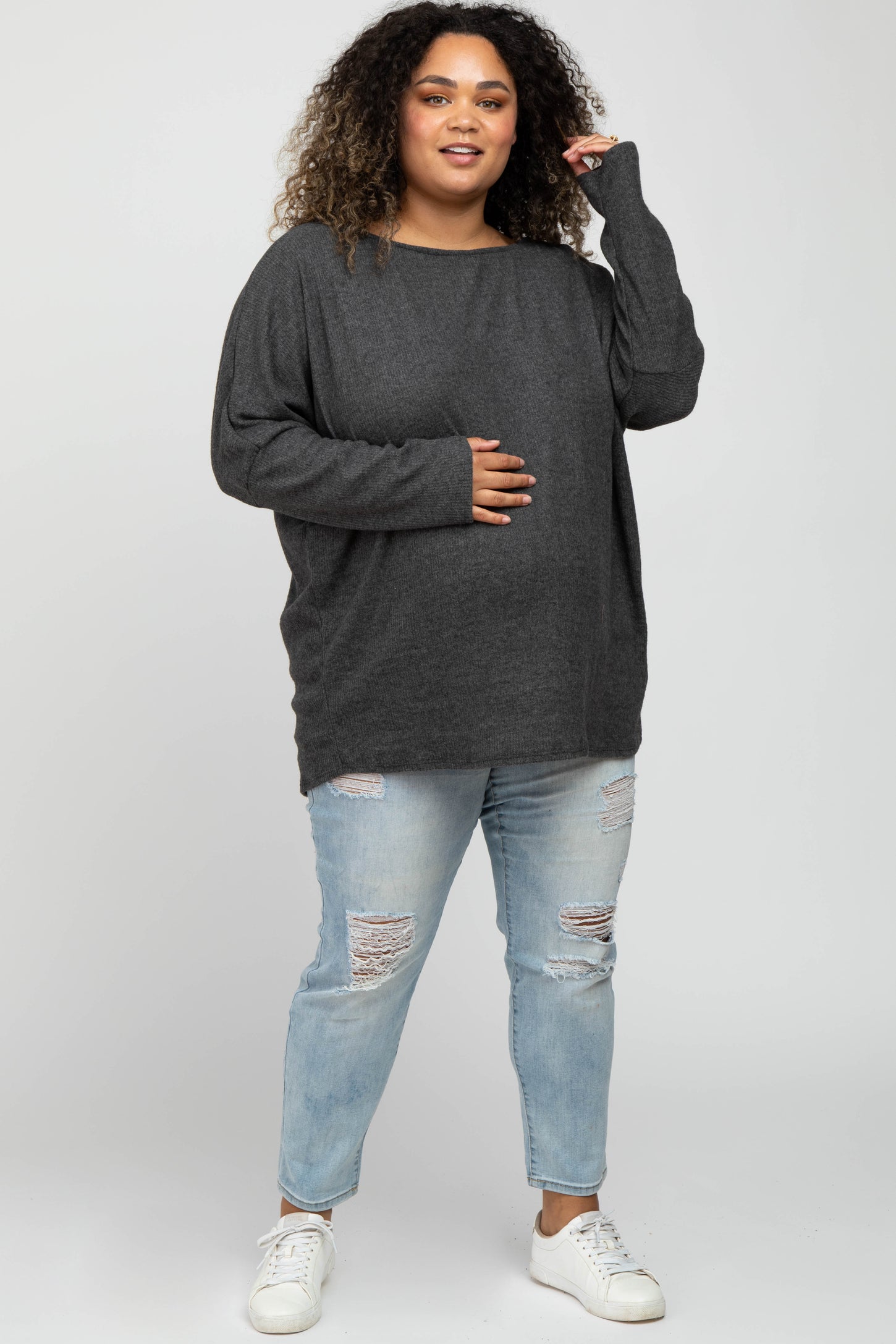 Charcoal Brushed Ribbed Dolman Sleeve Maternity Plus Top