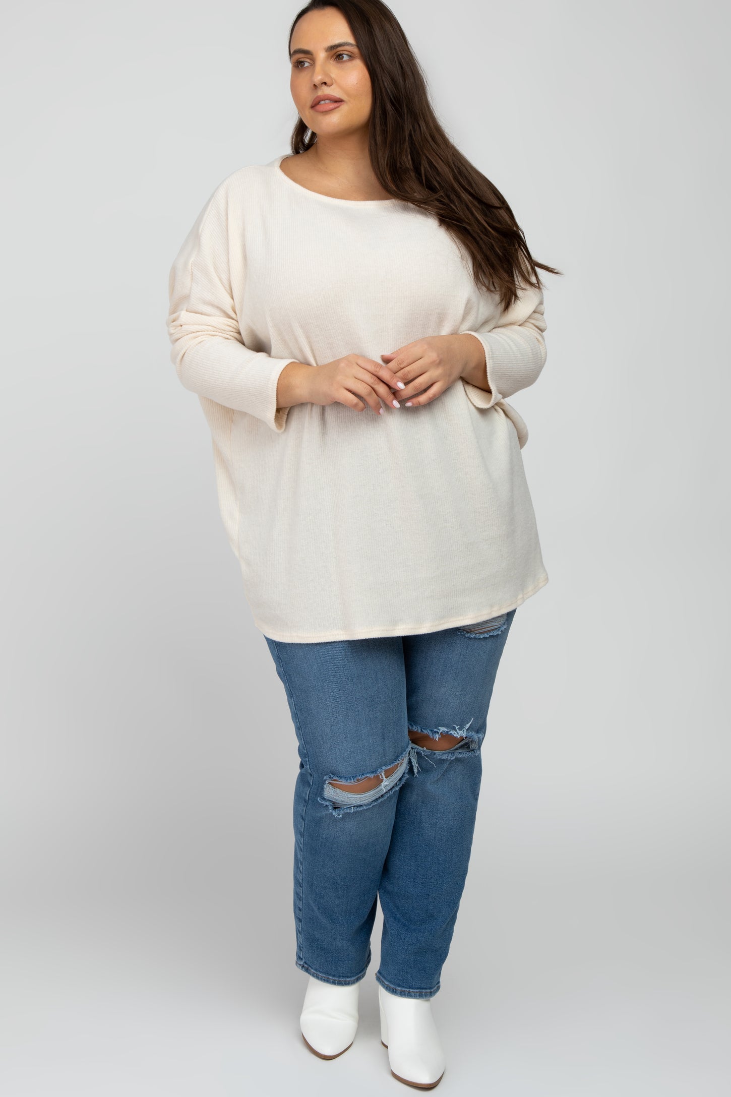 Cream Brushed Ribbed Dolman Sleeve Maternity Plus Top