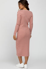 Pink Ribbed Striped Maternity Midi Dress