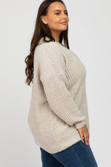 Beige Chenille Knit V-Neck Plus Sweater