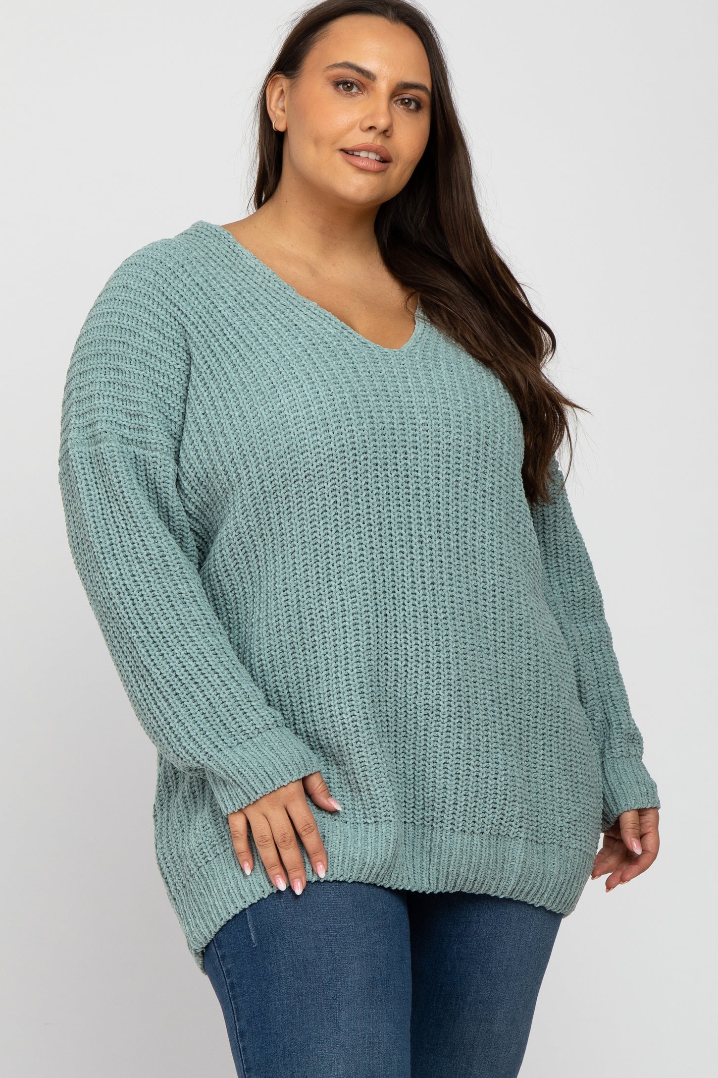 Mint Green Chenille Knit V-Neck Plus Sweater