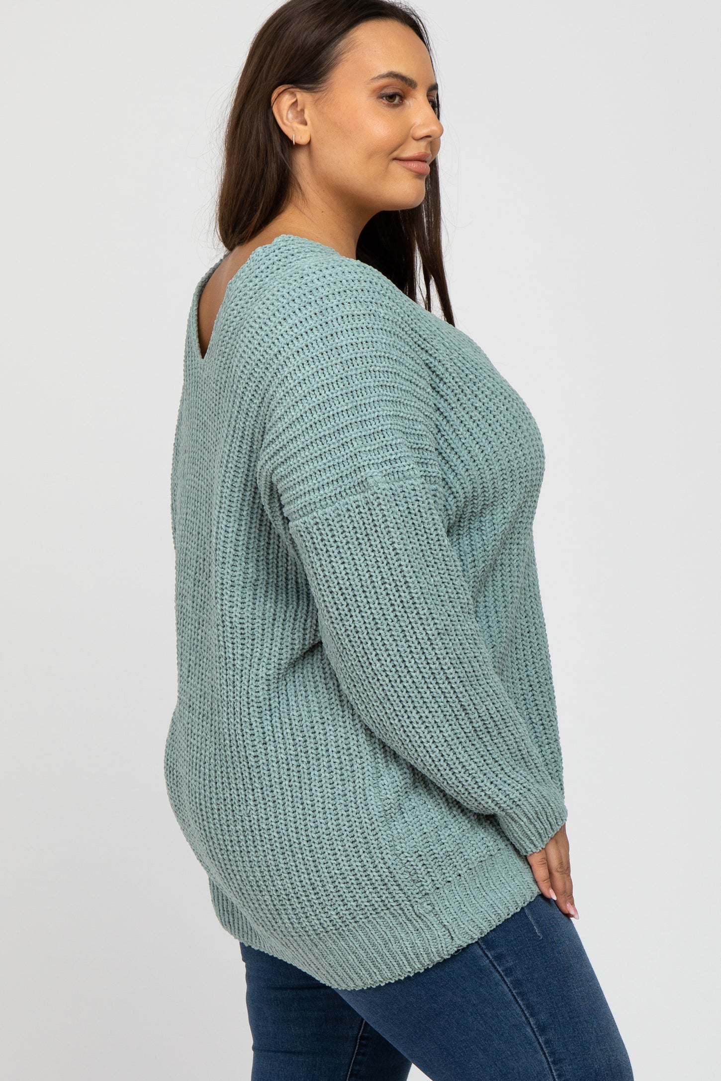 Mint Green Chenille Knit V-Neck Plus Sweater