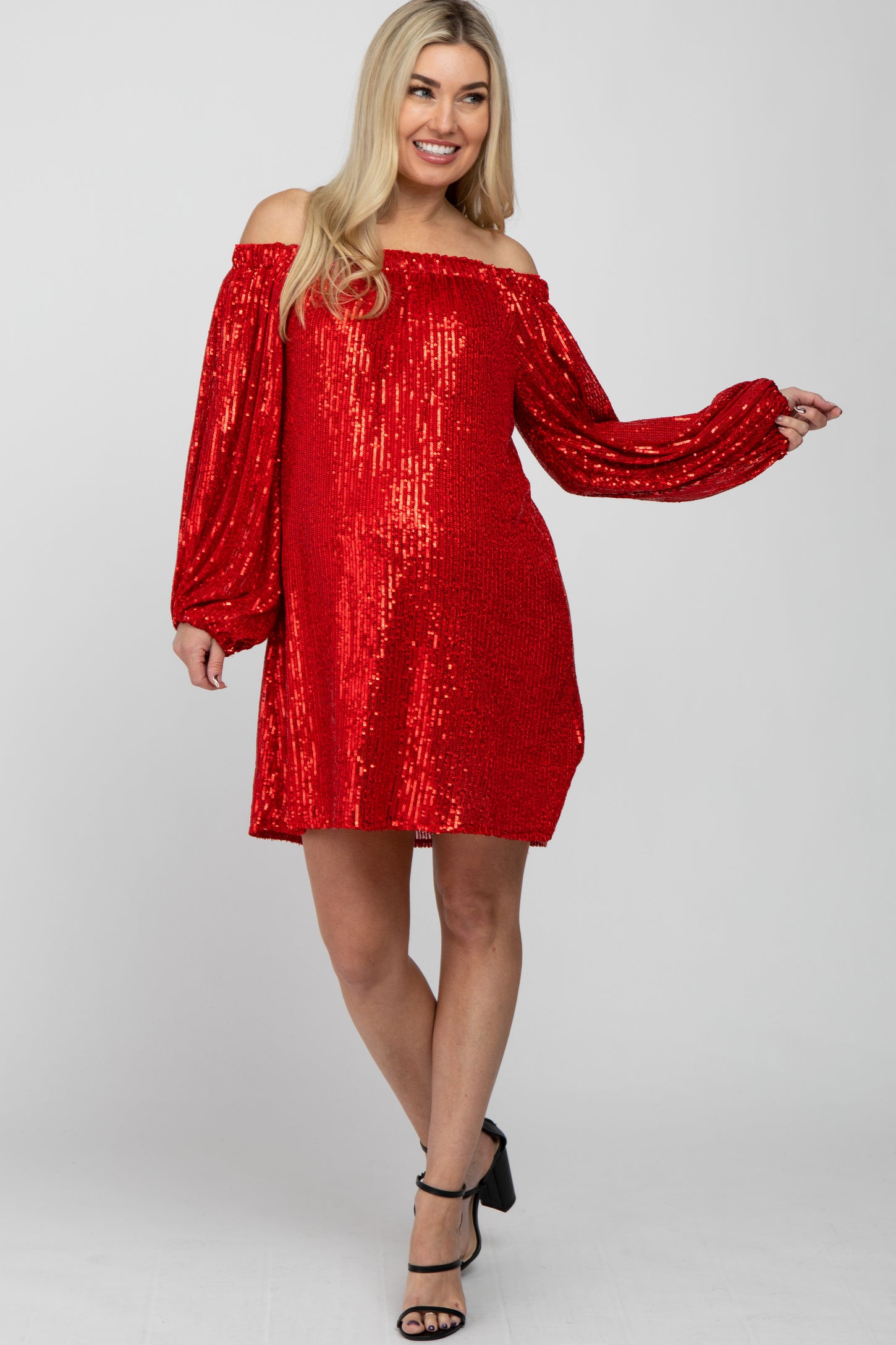 Red Sequin Off Shoulder Maternity Dress