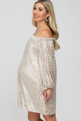 Light Taupe Sequin Off Shoulder Maternity Dress