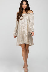 Light Taupe Sequin Off Shoulder Dress