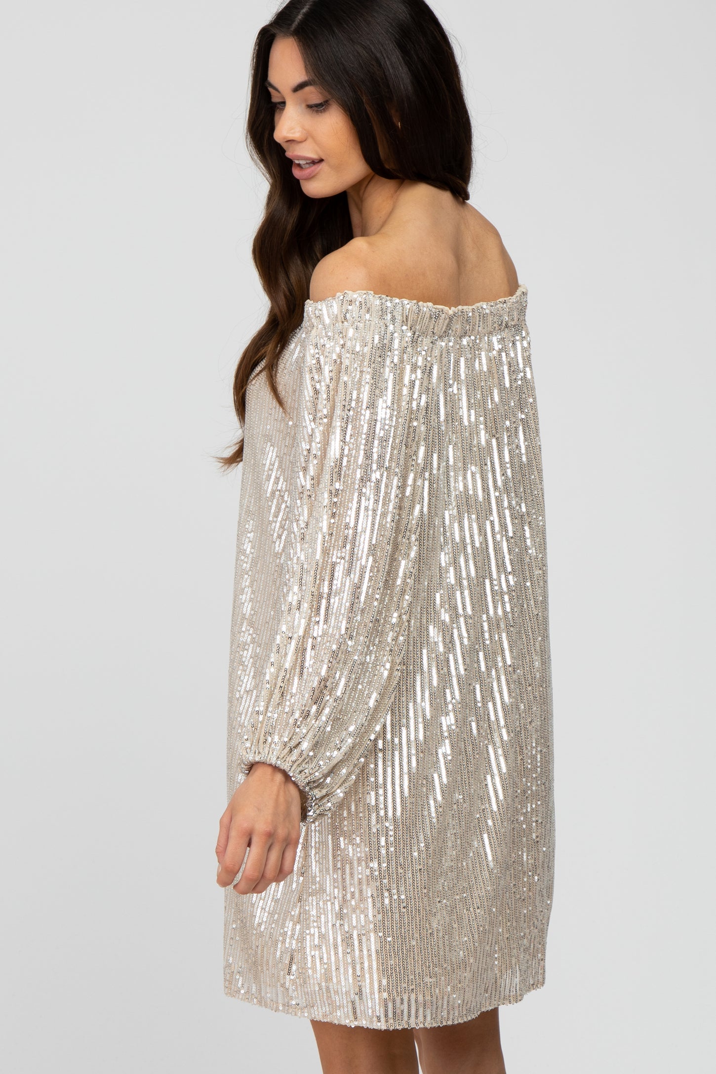 Light Taupe Sequin Off Shoulder Dress