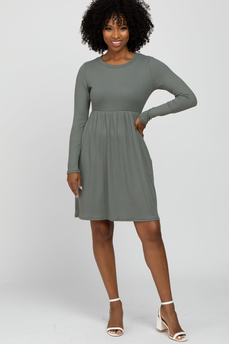 Grey Ribbed Knit Long Sleeve Dress – PinkBlush
