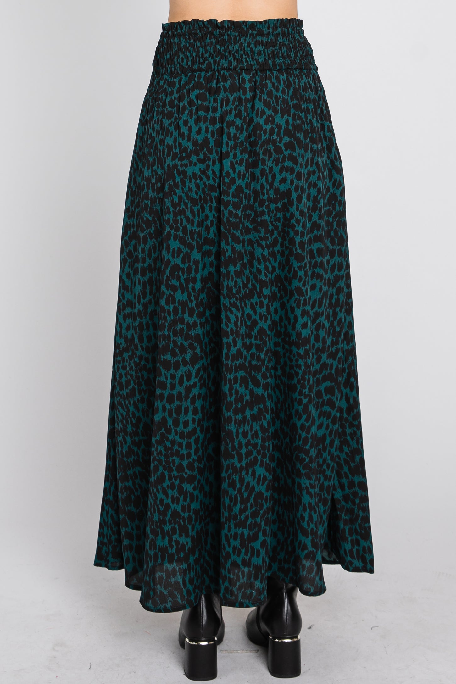 Emerald Green Satin Leopard Drawstring Maxi Skirt