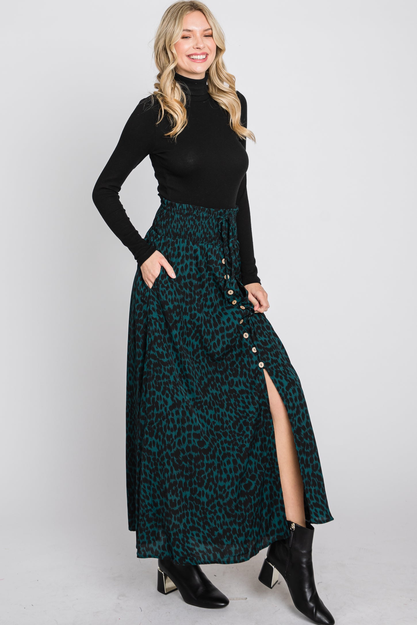 Emerald Green Satin Leopard Drawstring Maxi Skirt