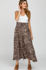 Brown Satin Leopard Drawstring Maternity Maxi Skirt