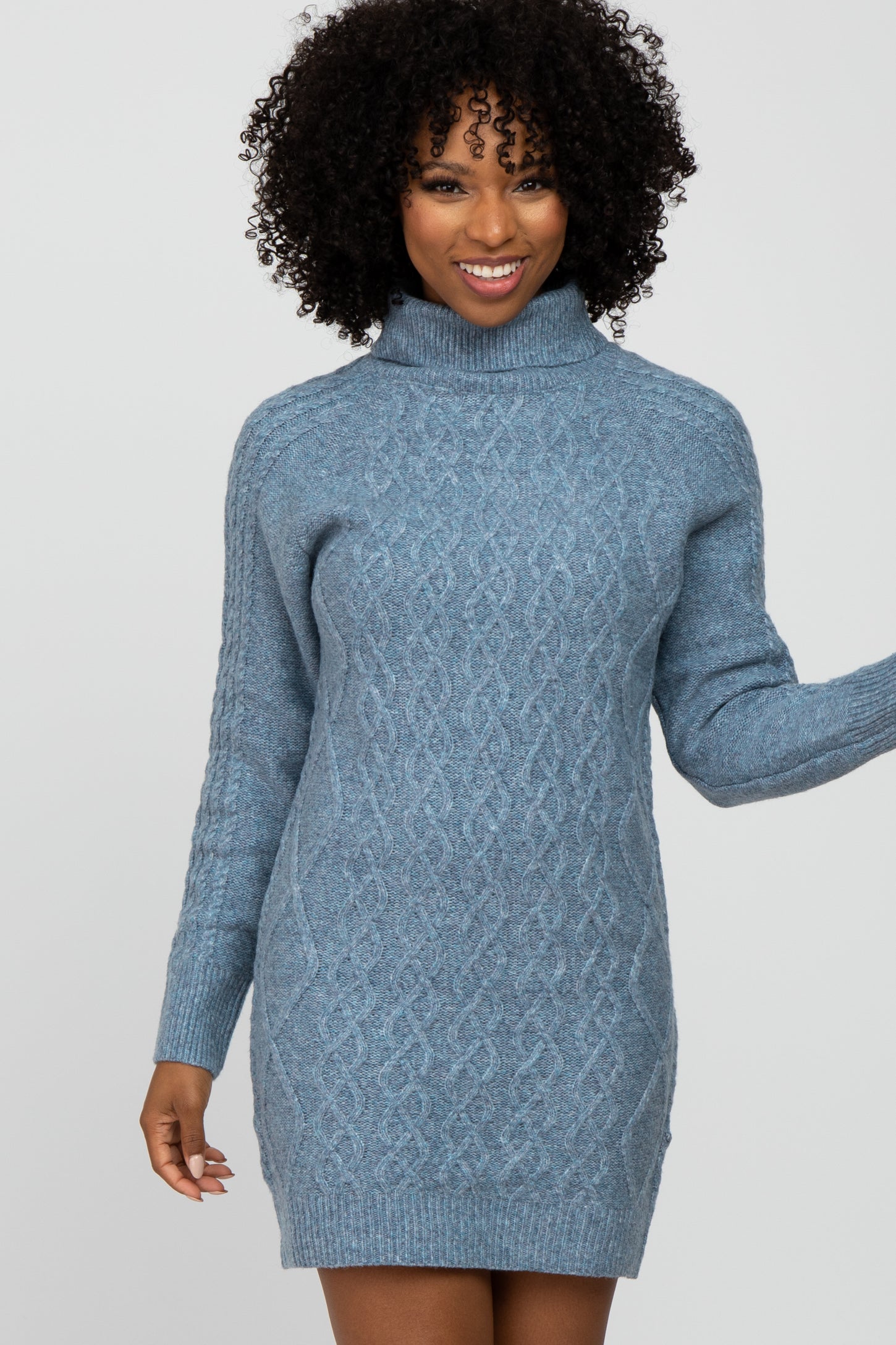 Blue Cable Knit Turtleneck Maternity Sweater Dress– PinkBlush