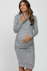 Heather Grey Knit Long Sleeve Cowl Neck Maternity Dress