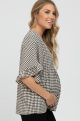 Black Plaid Ruffle Sleeve Maternity Top