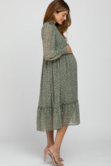 Olive Ditsy Floral Smocked Mock Neck Maternity Midi Dress
