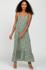 Green Leaf Print Ruffle Hem Sleeveless Maxi Dress