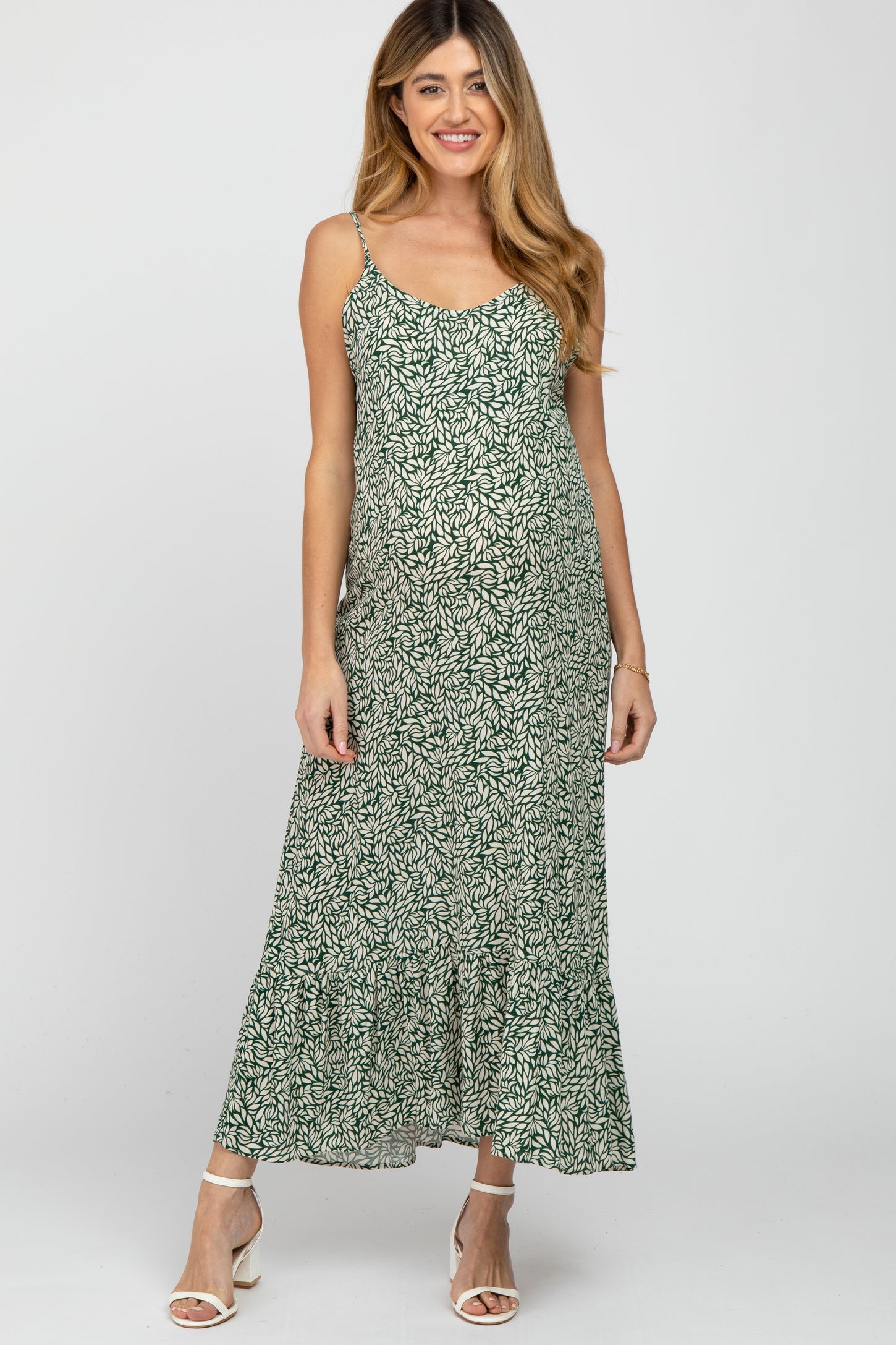 Green Leaf Print Ruffle Hem Sleeveless Maternity Maxi Dress