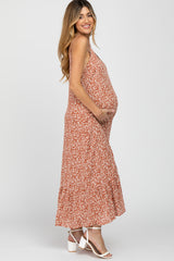 Rust Leaf Print Ruffe Hem Sleeveless Maternity Maxi Dress