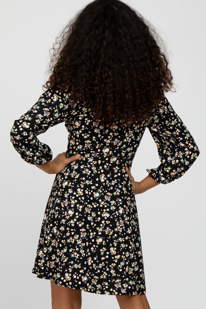 Black Floral Ribbed Ruched Bust Dress