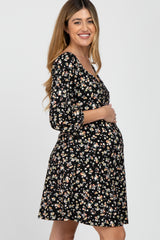Black Floral Ribbed Ruched Bust Maternity Dress