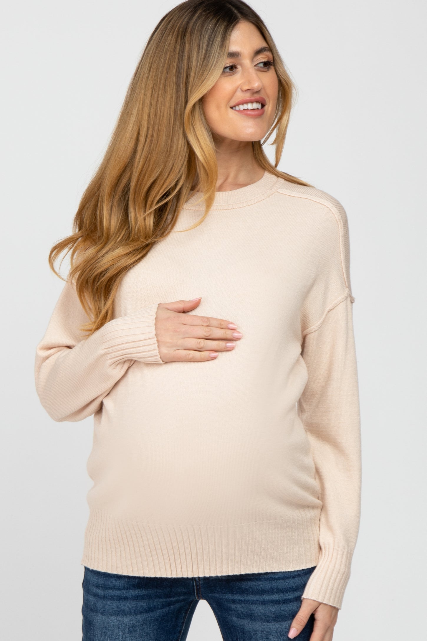 Beige Mock Neck Exposed Seam Maternity Sweater