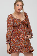 Rust Floral Chiffon Ruffle V-Neck Maternity Dress