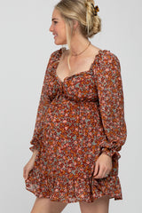 Rust Floral Chiffon Ruffle V-Neck Maternity Dress