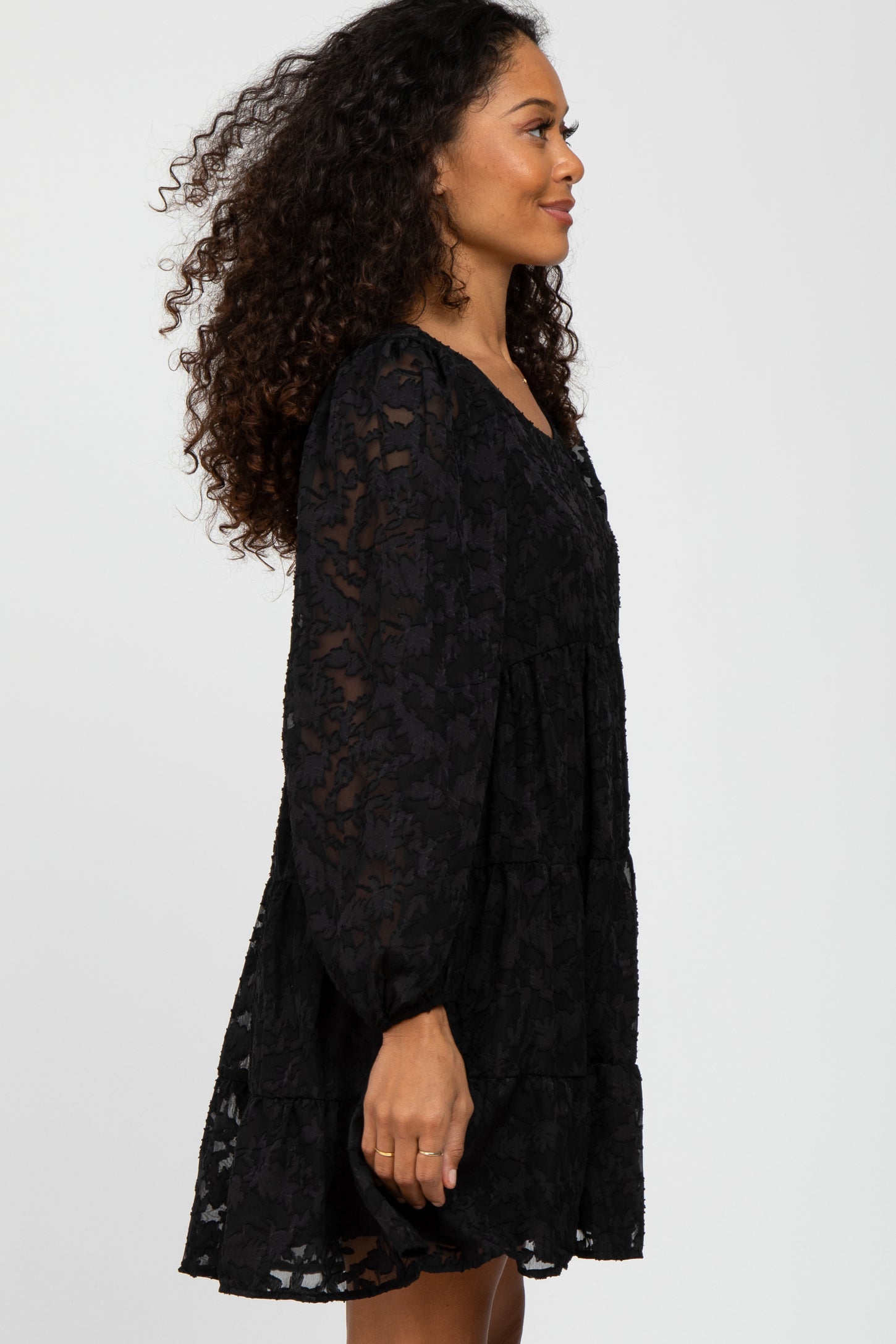 Black Floral Textured Tiered Dress