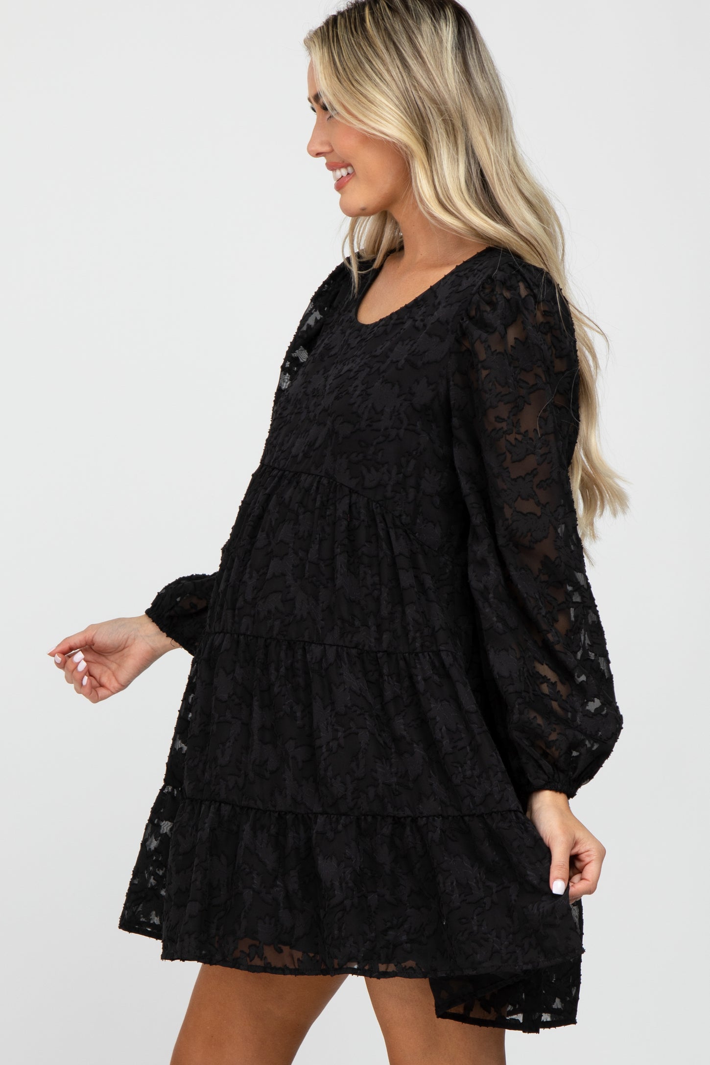 Black Floral Textured Tiered Maternity Dress
