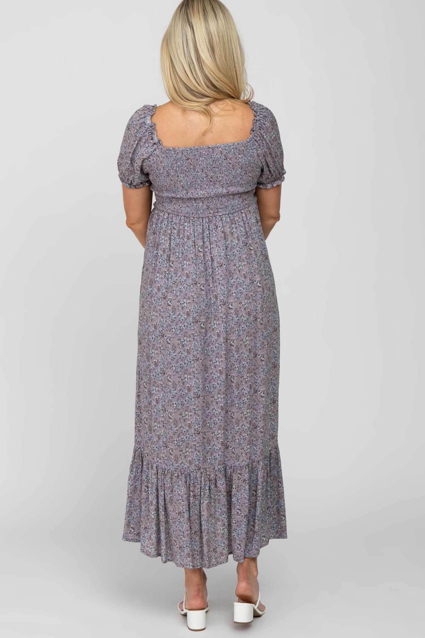 Grey Floral Smocked Puff Sleeve Maternity Maxi Dress