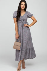 Grey Floral Smocked Puff Sleeve Maternity Maxi Dress