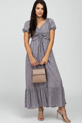 Grey Floral Smocked Puff Sleeve Maxi Dress